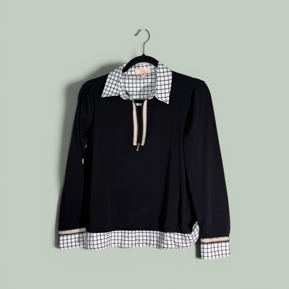 Tinta Style Spain Greta Darkwave Black Grid Print Zip Neck Layered Top 42